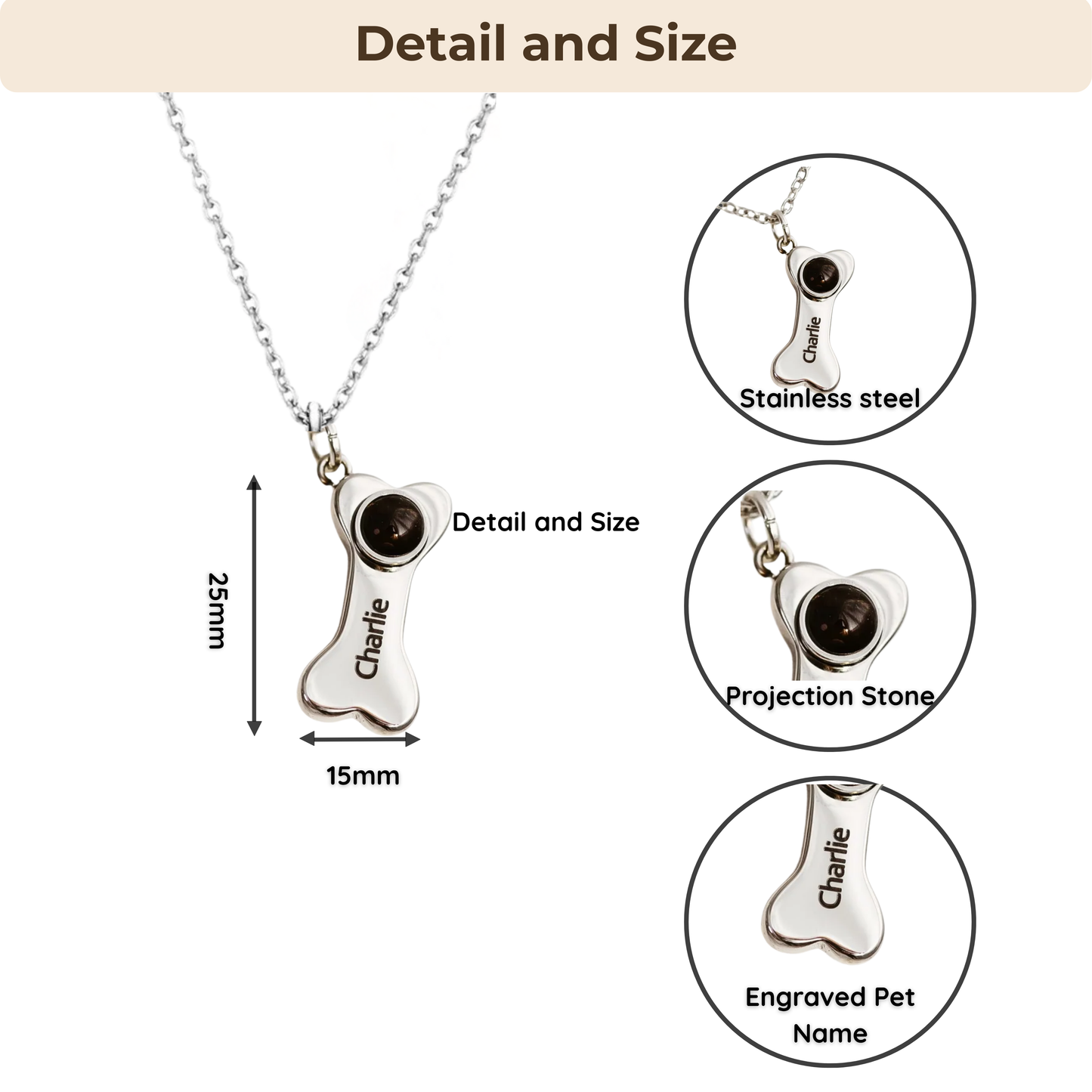 Personalized Dog Bone Necklace With Photo Projection and Engraved Name