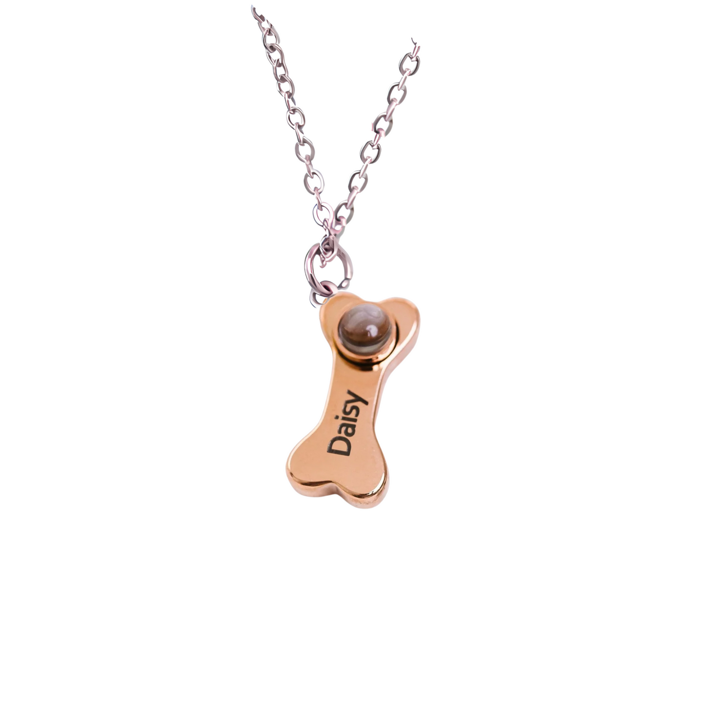 Personalized Dog Bone Necklace With Photo Projection and Engraved Name