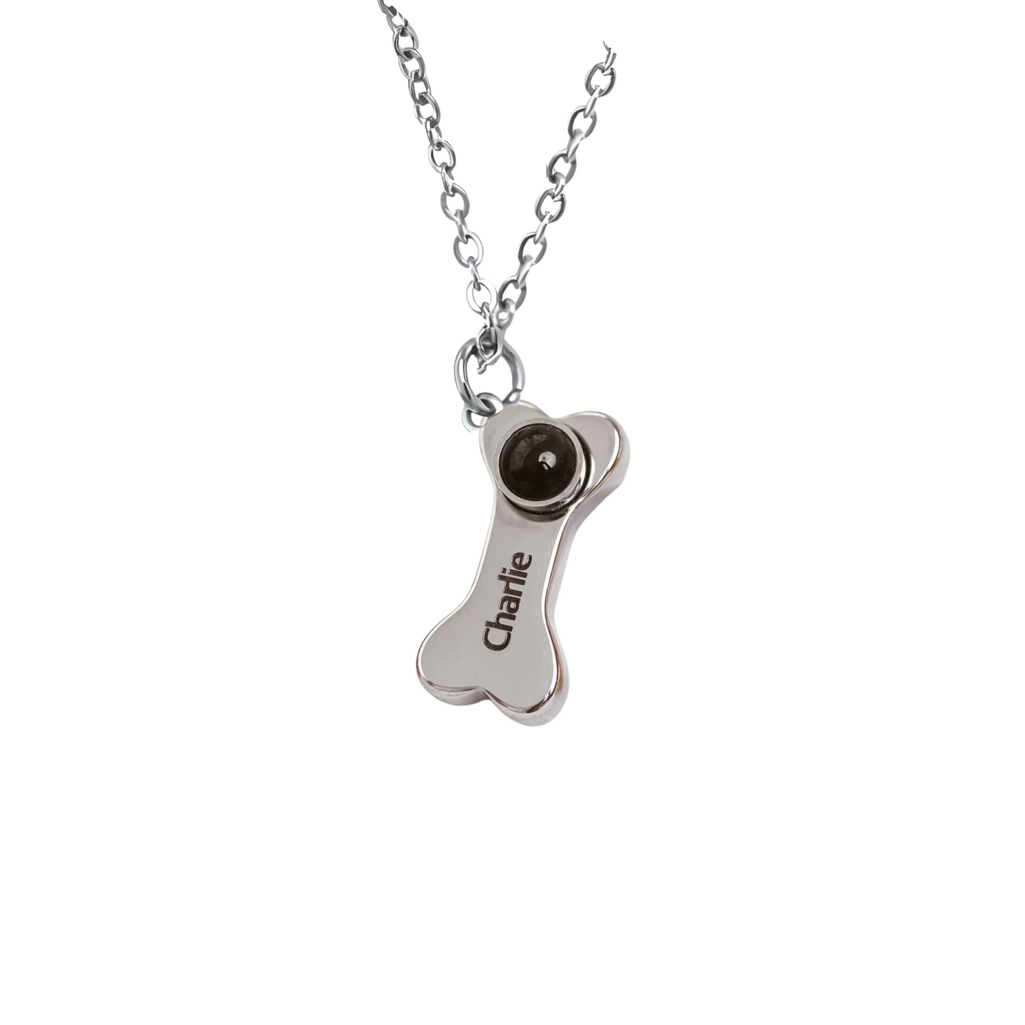 Personalized Dog Bone Necklace With Photo Projection and Engraved Name