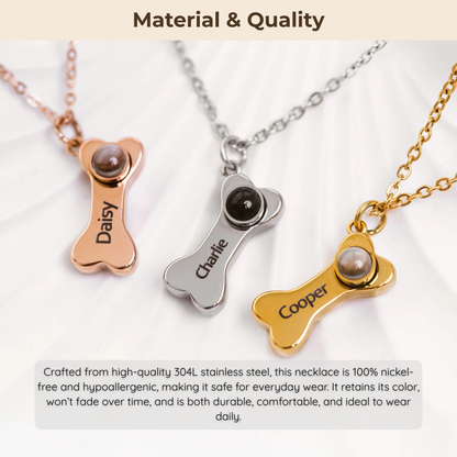 Personalized Dog Bone Necklace With Photo Projection and Engraved Name